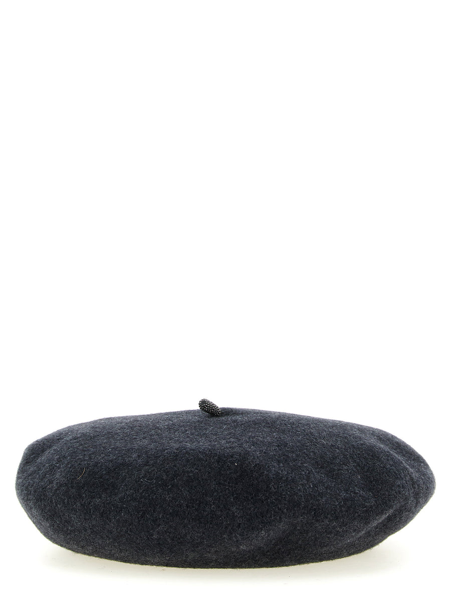 Brunello Cucinelli Monile-Embellished Wool Beret — Anthracite