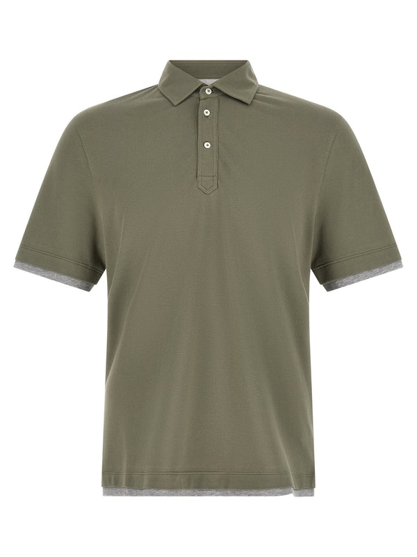 Brunello Cucinelli Faux Layering Cotton Piqué Polo Shirt — Sage