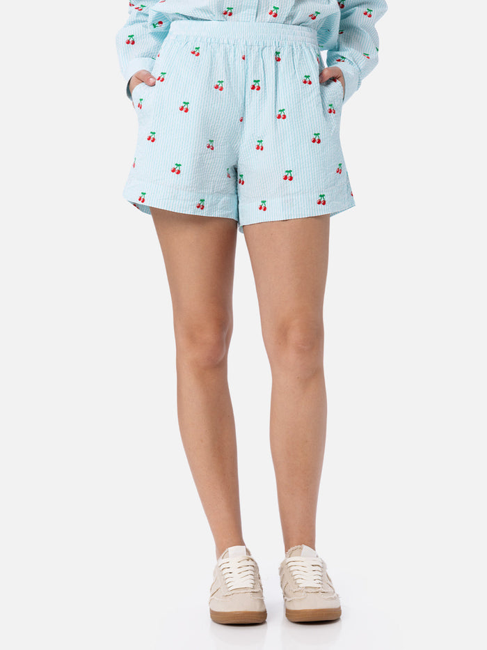 Meave Seersucker Striped Shorts With Cherry Patches Green Pant