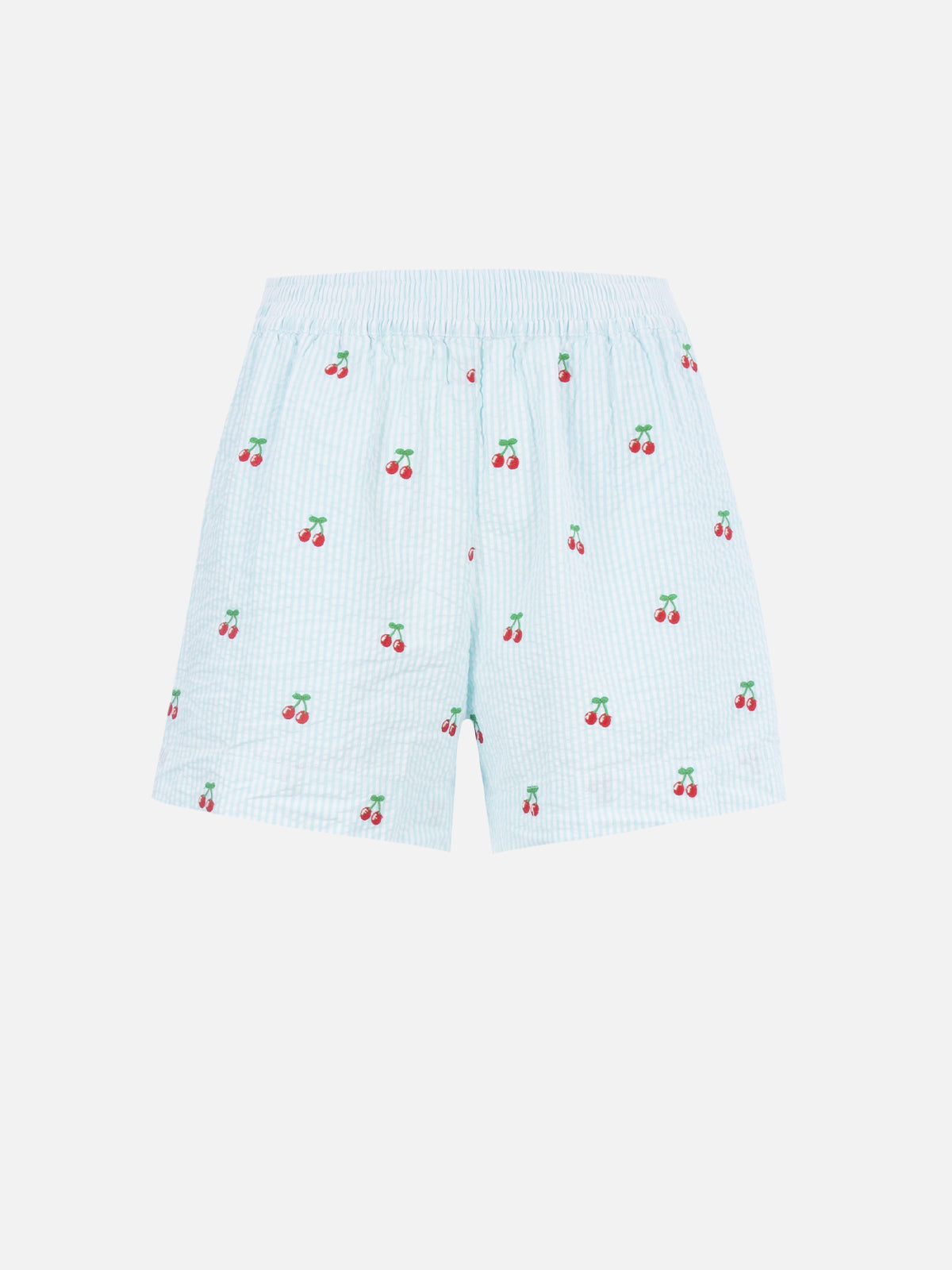 Meave Seersucker Striped Shorts With Cherry Patches Green Pant