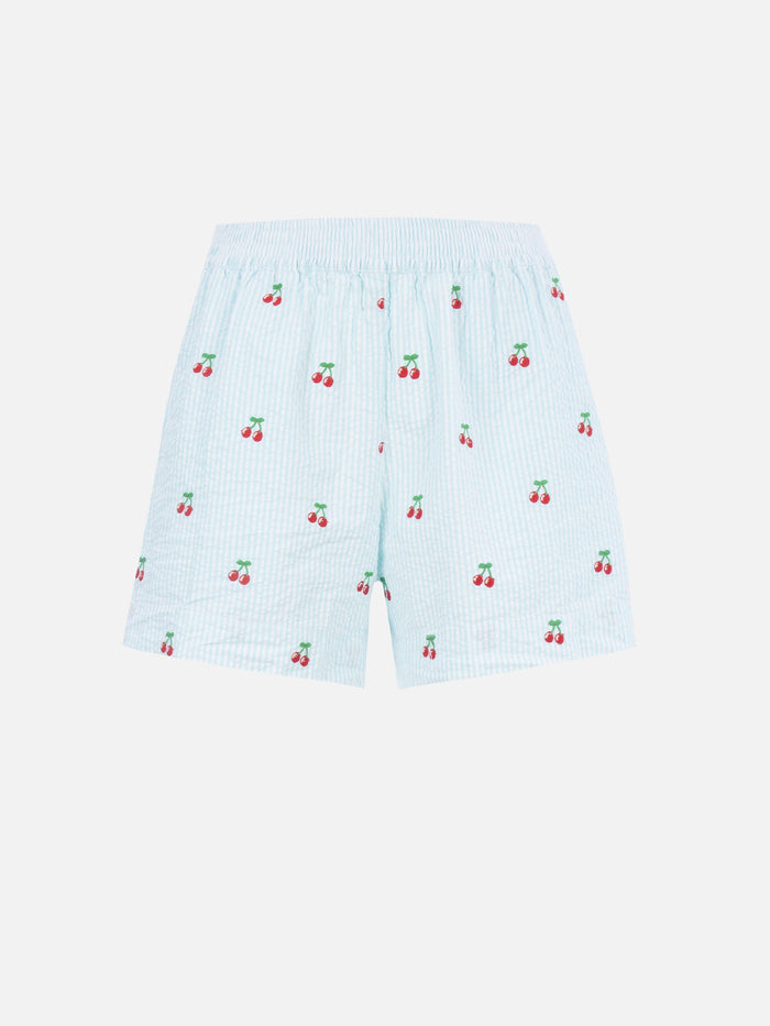 Meave Seersucker Striped Shorts With Cherry Patches Green Pant