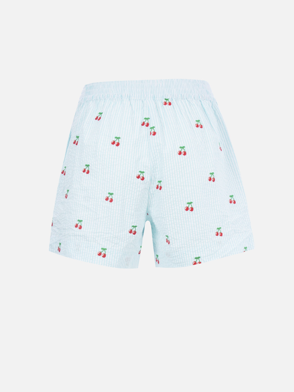 Meave Seersucker Striped Shorts With Cherry Patches Green Pant