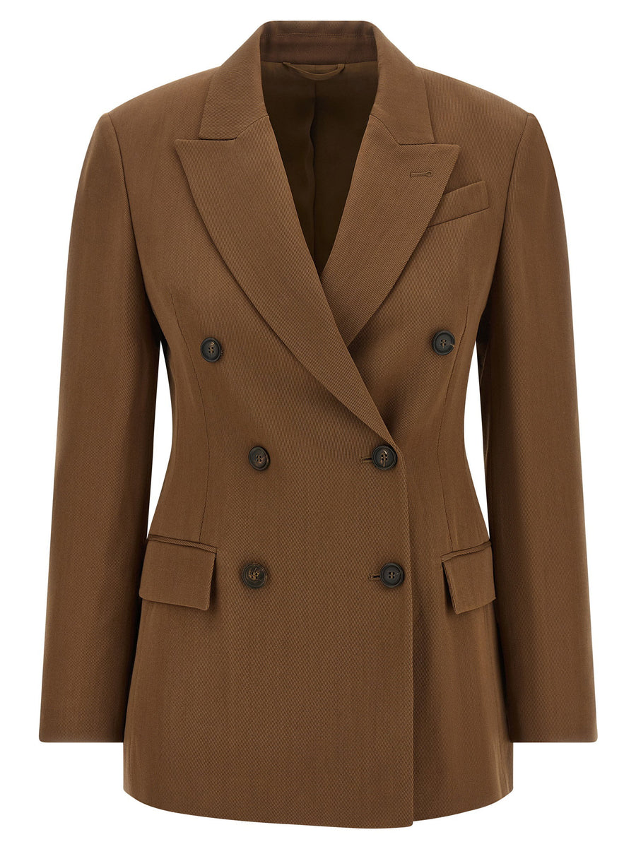 Brunello Cucinelli Double-Breasted Virgin Wool Blazer — Tobacco