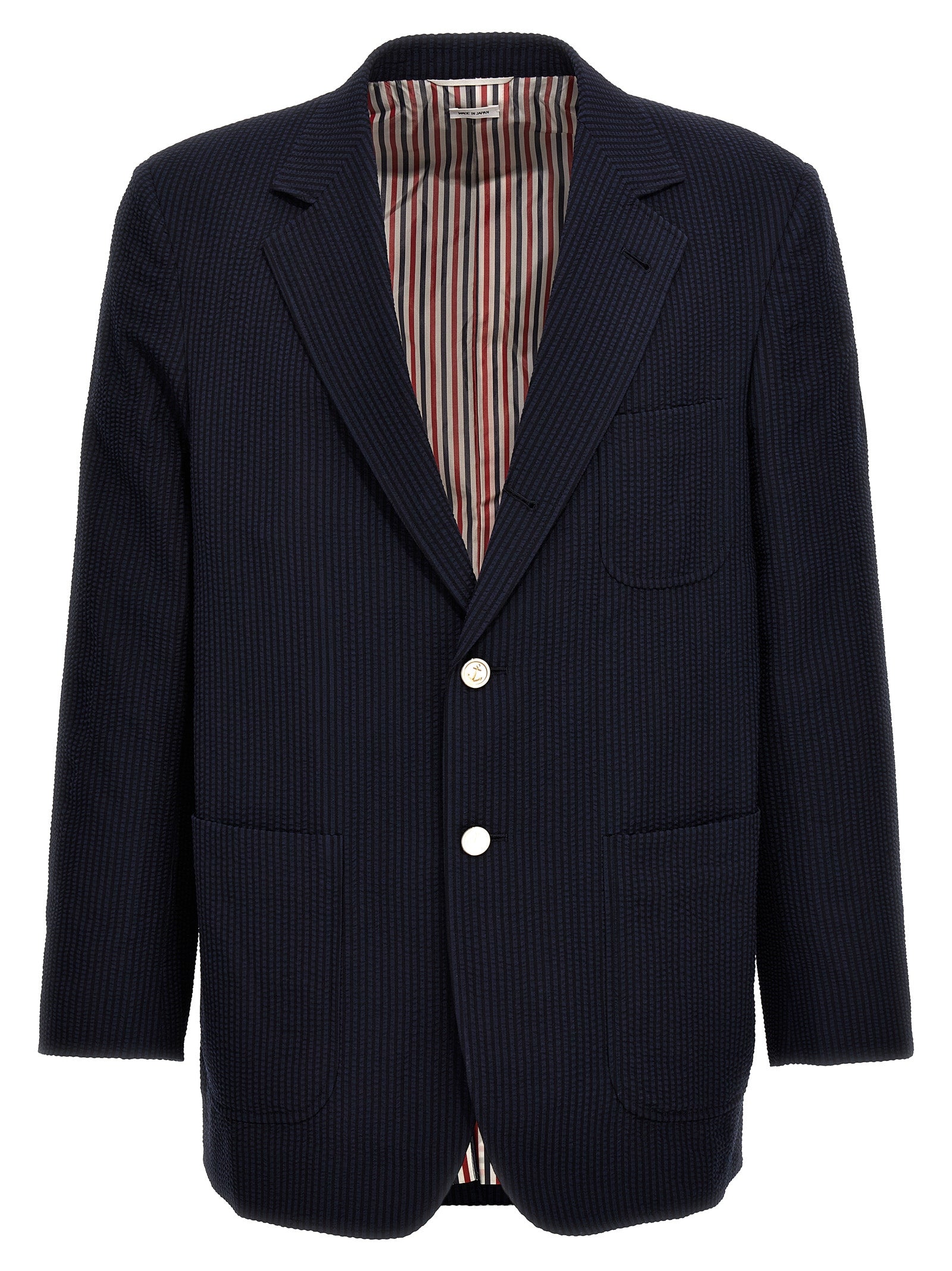 Single-breasted seersucker blazer Blue Wool