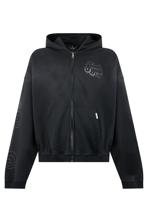 Hooded Zip Sweatshirt Stained Black Cotton Jumpers