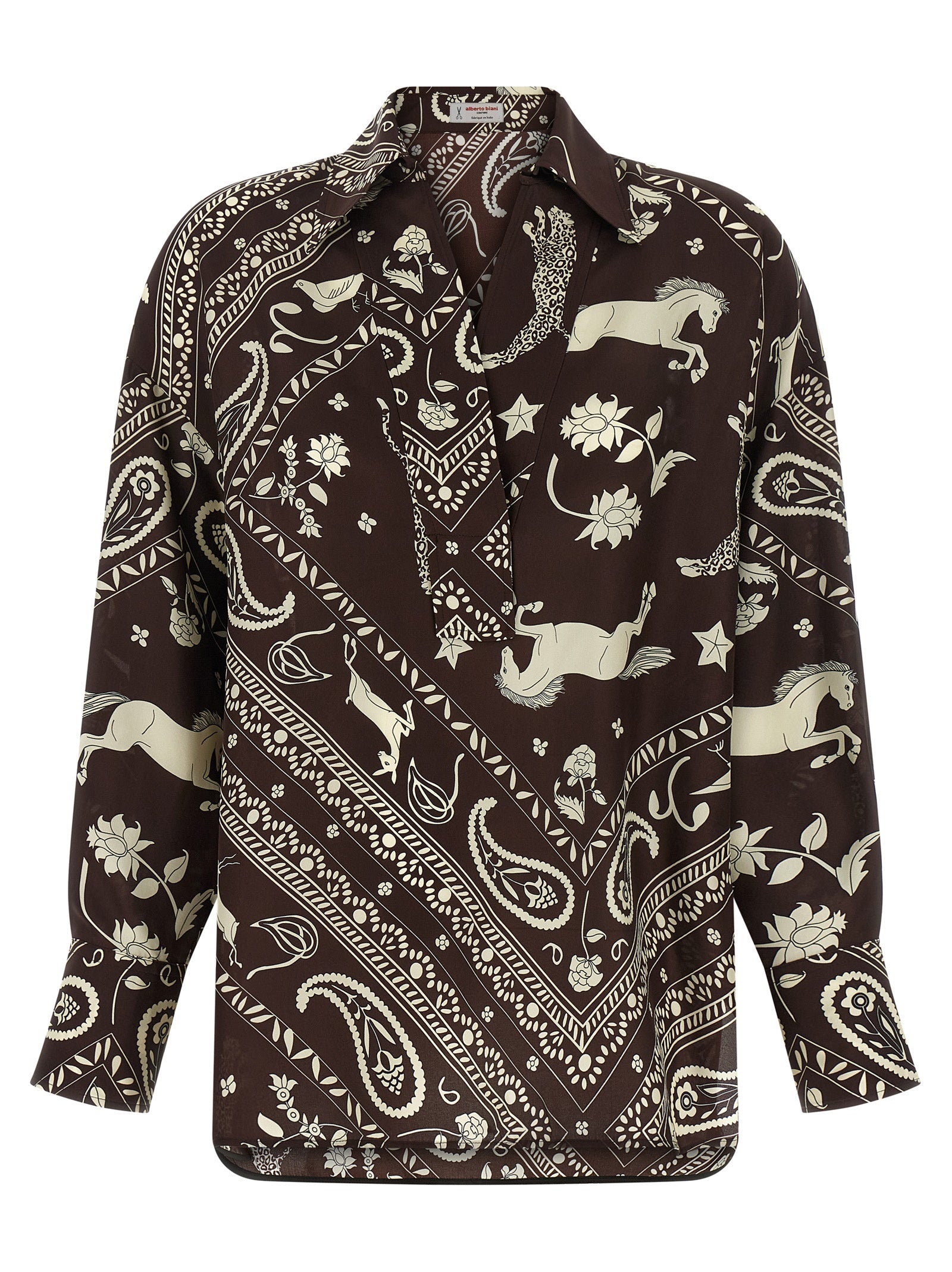 Printed Blouse Brown Silk Shirt