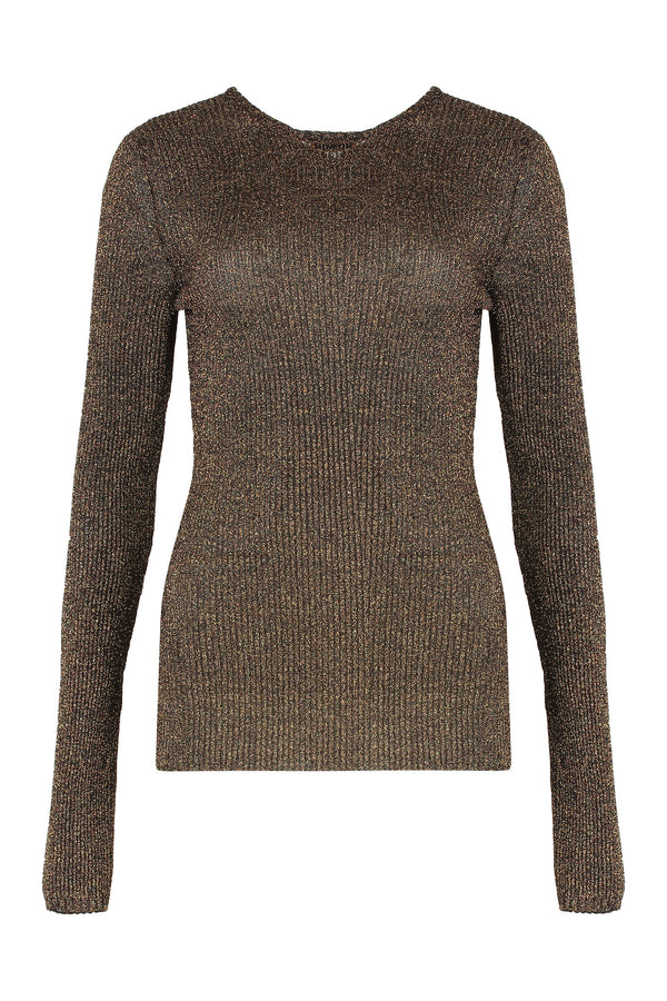 Round-Neck Lamé Sweater Tobacco Viscose Tops