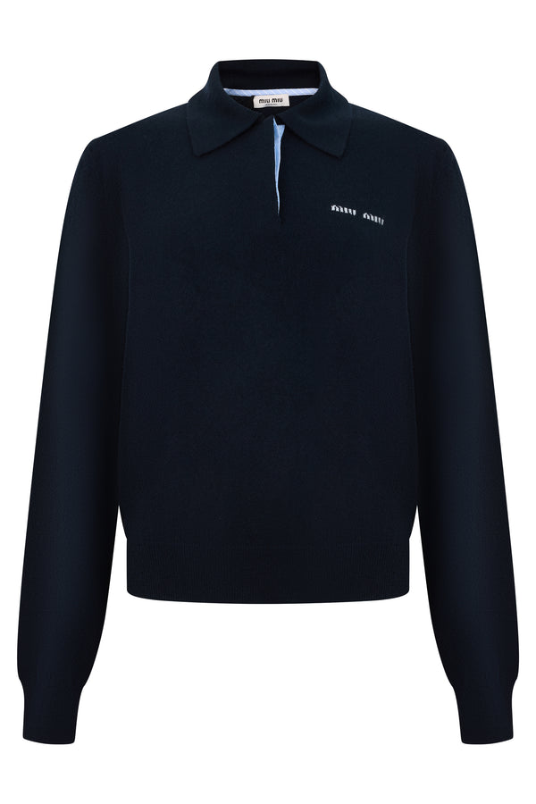 Long Sleeve Cashmere Polo Shirt Blue Tops