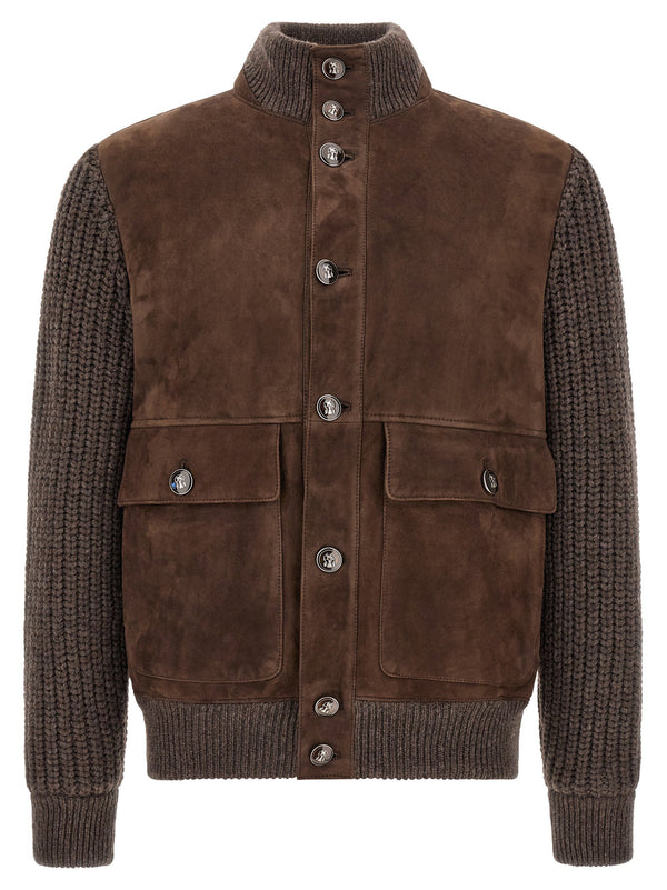 Brunello Cucinelli Suede and Ribbed Knit Hybrid Jacket — Brown