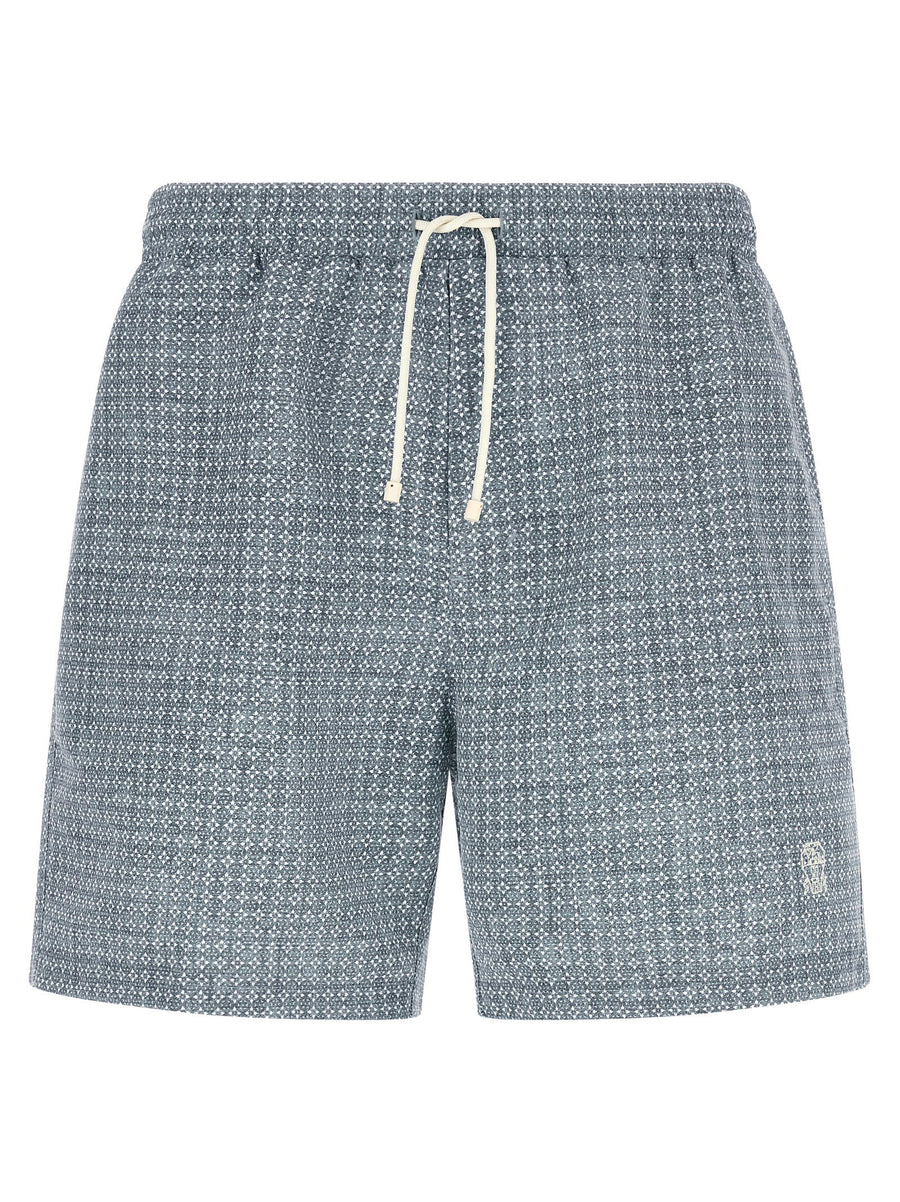 Brunello Cucinelli Floral-Print Technical Swim Shorts — Slate Blue