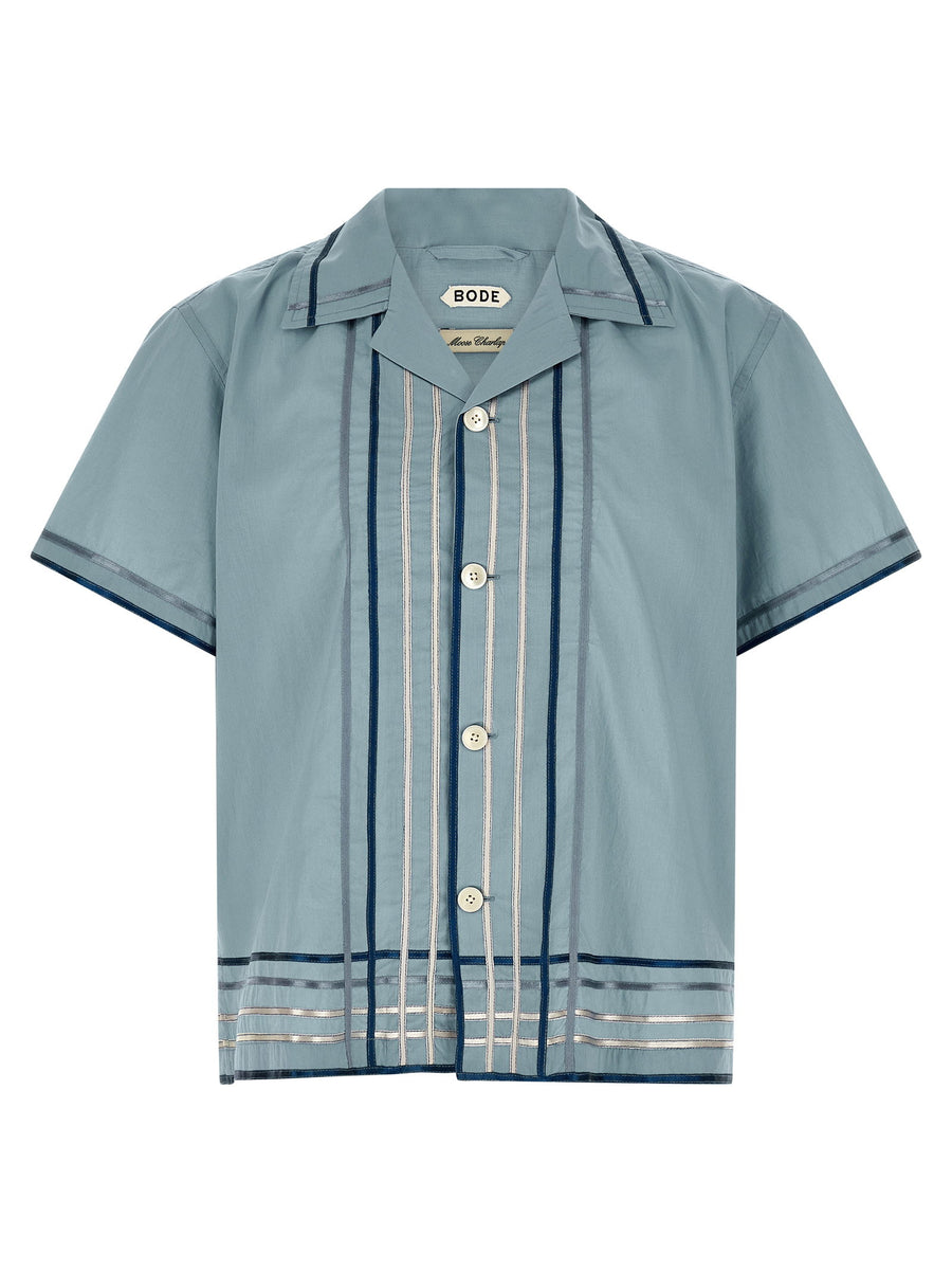 Bode Ribbon Plaid Cotton Bowling Shirt — Blue