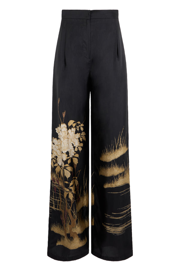 Wide-Leg Silk Trousers Black