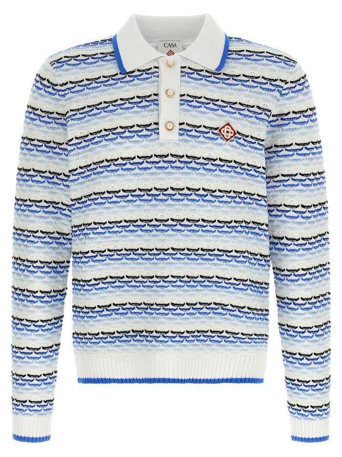 Tuck Stitch Long Sleeve polo shirt Blue Cotton