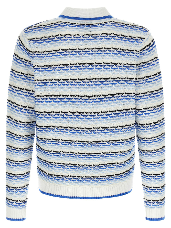 Tuck Stitch Long Sleeve polo shirt Blue Cotton