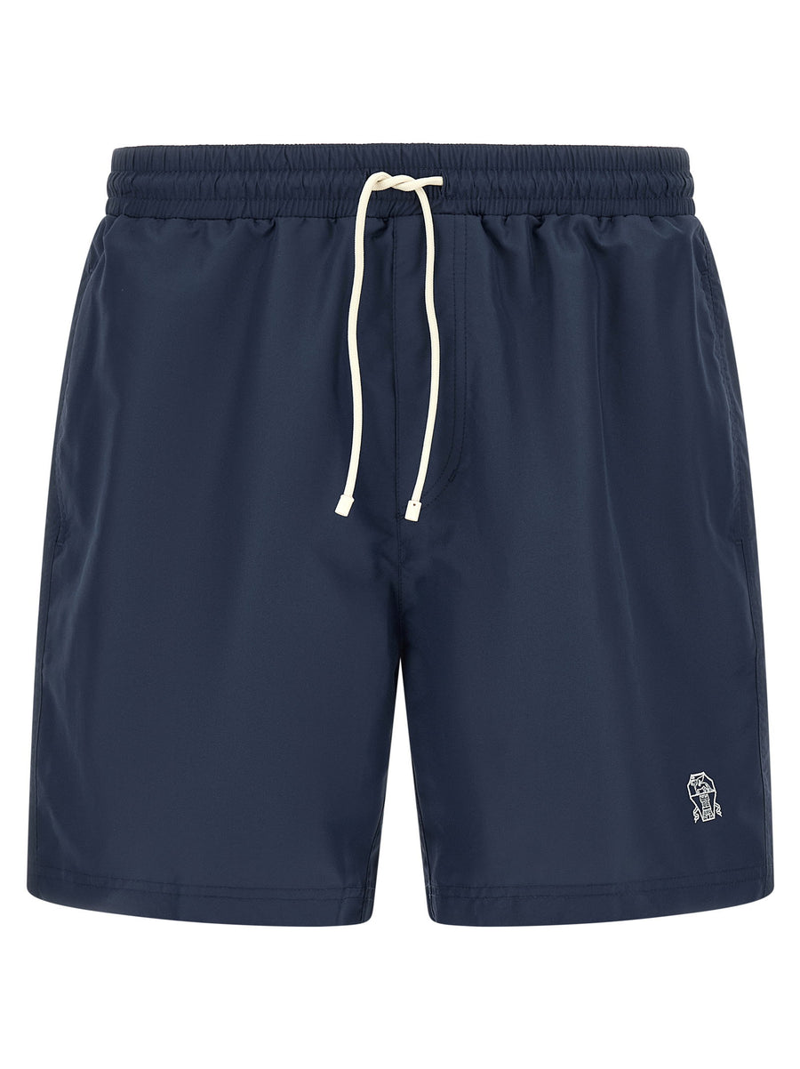 Brunello Cucinelli Logo-Embroidered Nylon Swim Shorts — Navy