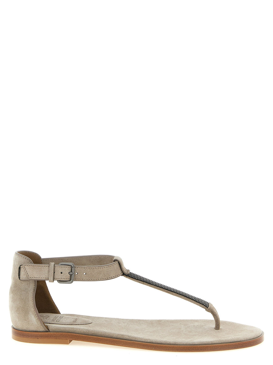 Brunello Cucinelli Precious T-Strap Suede Sandals — Beige