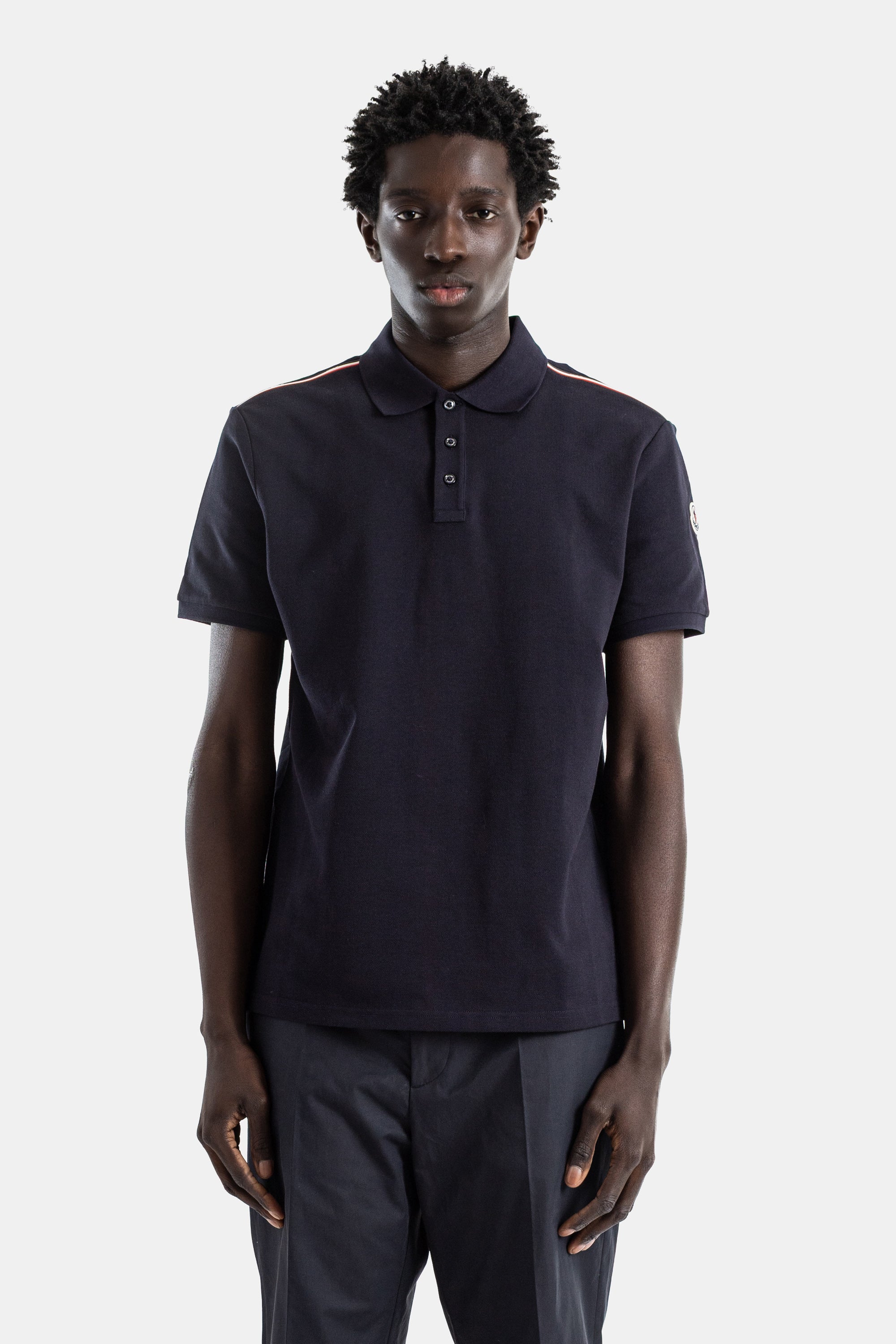 Navy Piqué Cotton Polo With Tricolor Shoulder Trim Noir Polos