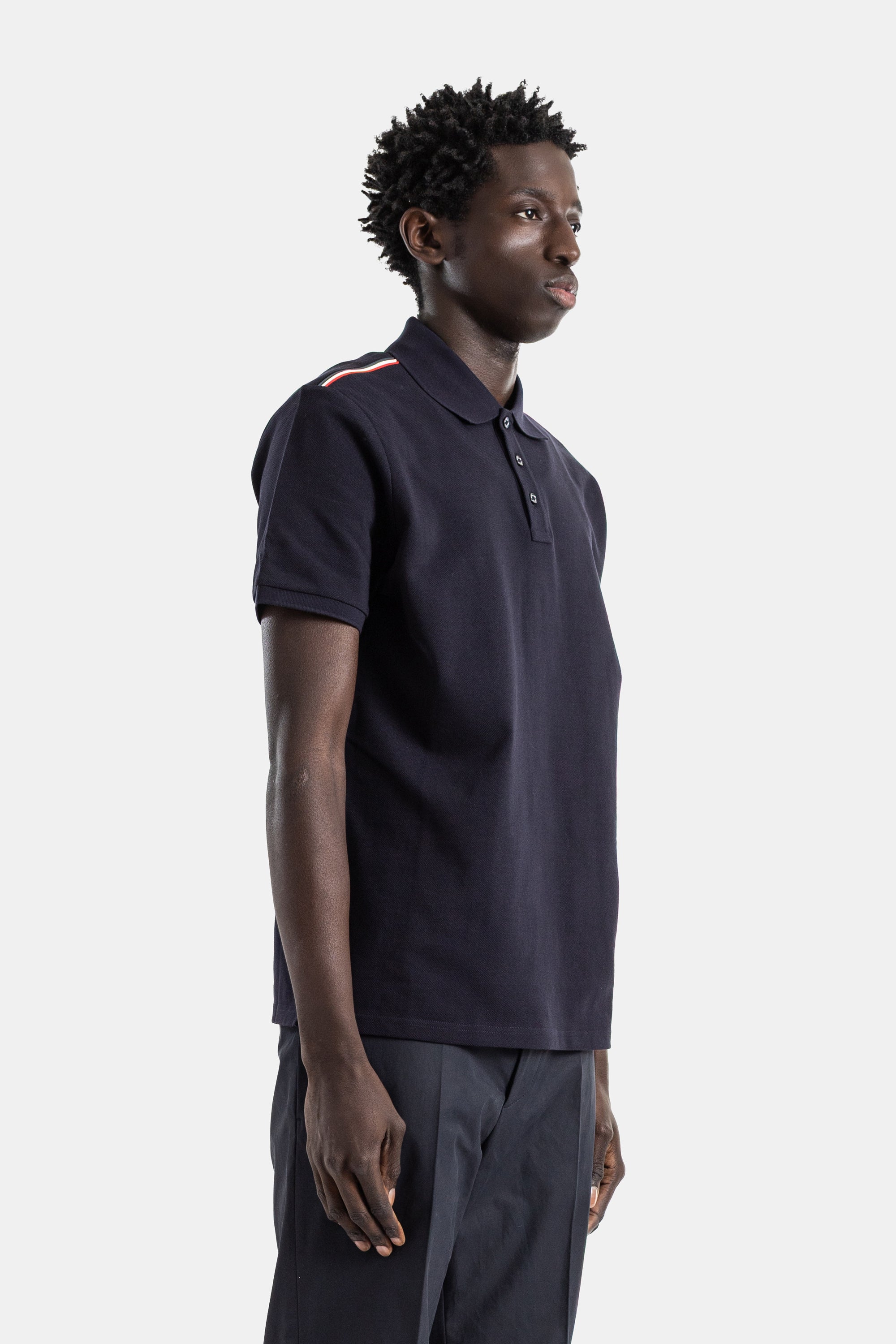 Navy Piqué Cotton Polo With Tricolor Shoulder Trim Polos