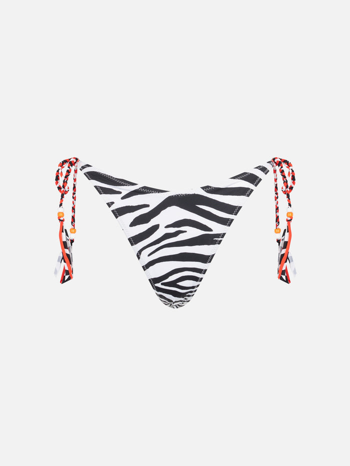 Norah Zebra Print Cheeky Swim Briefs With Fuchsia Laces Orange Bottom