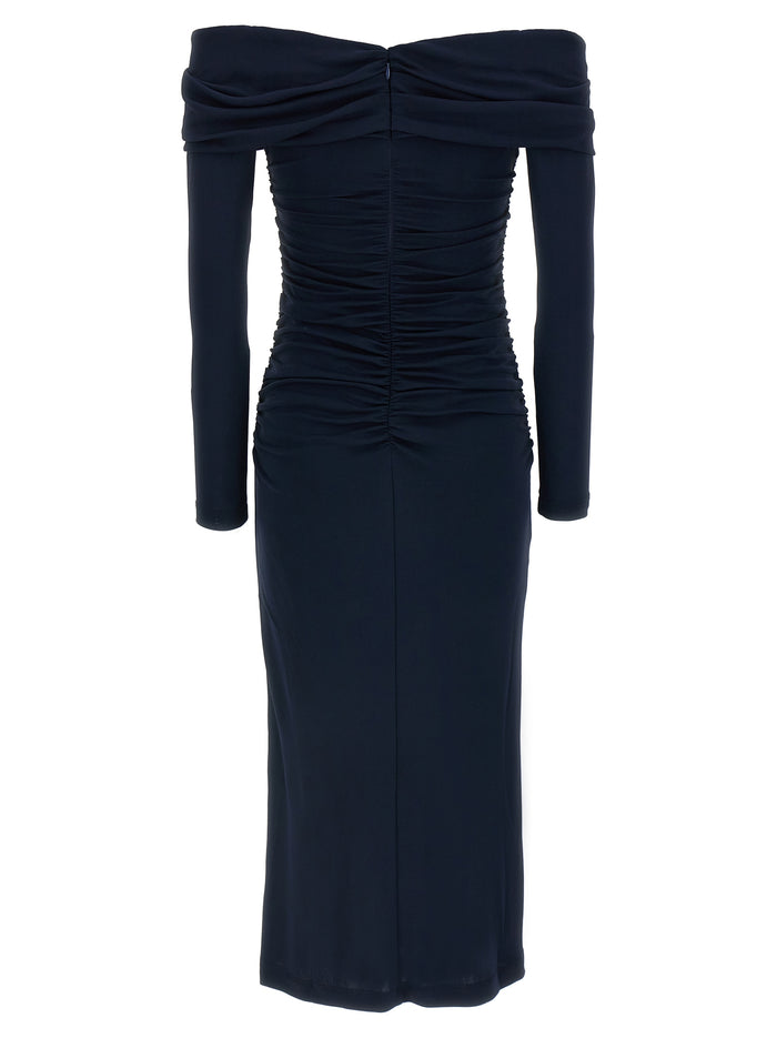 Off-Shoulder 3-4 SLV Ruched Midi dress Blue Acrylic