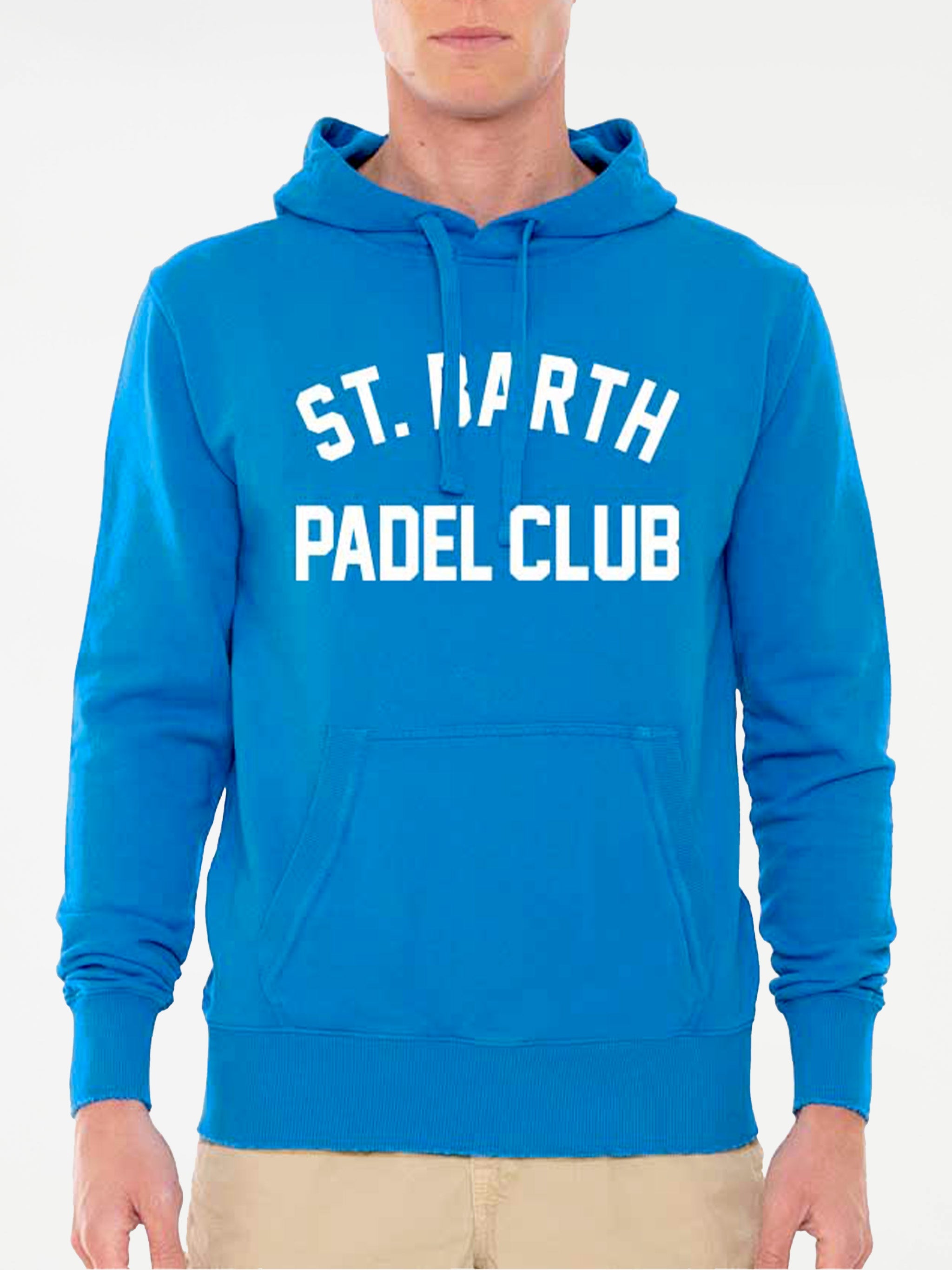 Man Cotton Hooded Sweatshirt With St. Barth Padel Club Print Blue
