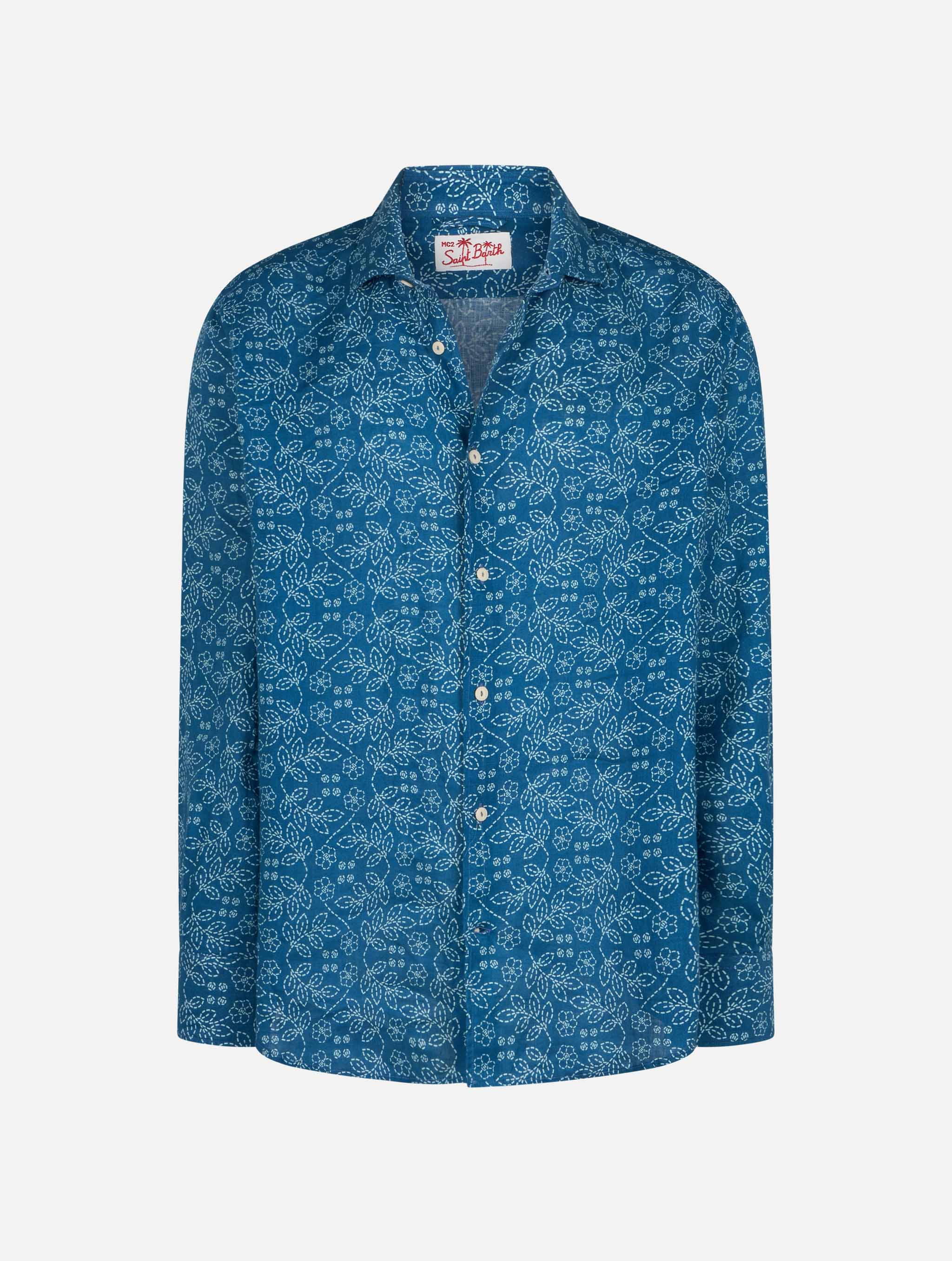 Navy Blue Linen Shirt Pamplona With Sashiko Print __single__