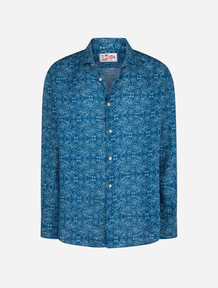 Navy Blue Linen Shirt Pamplona With Sashiko Print