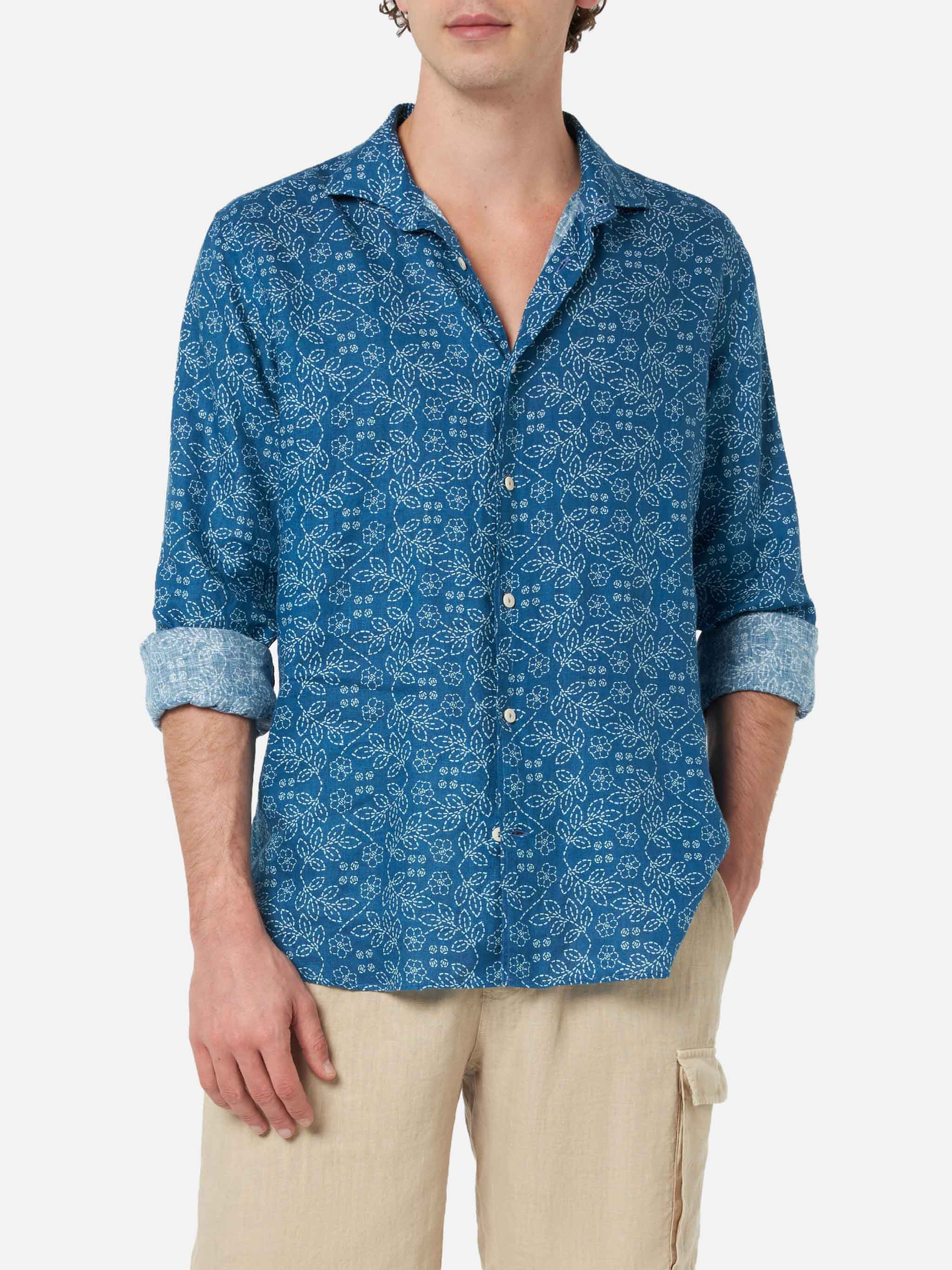Navy Blue Linen Shirt Pamplona With Sashiko Print __single__
