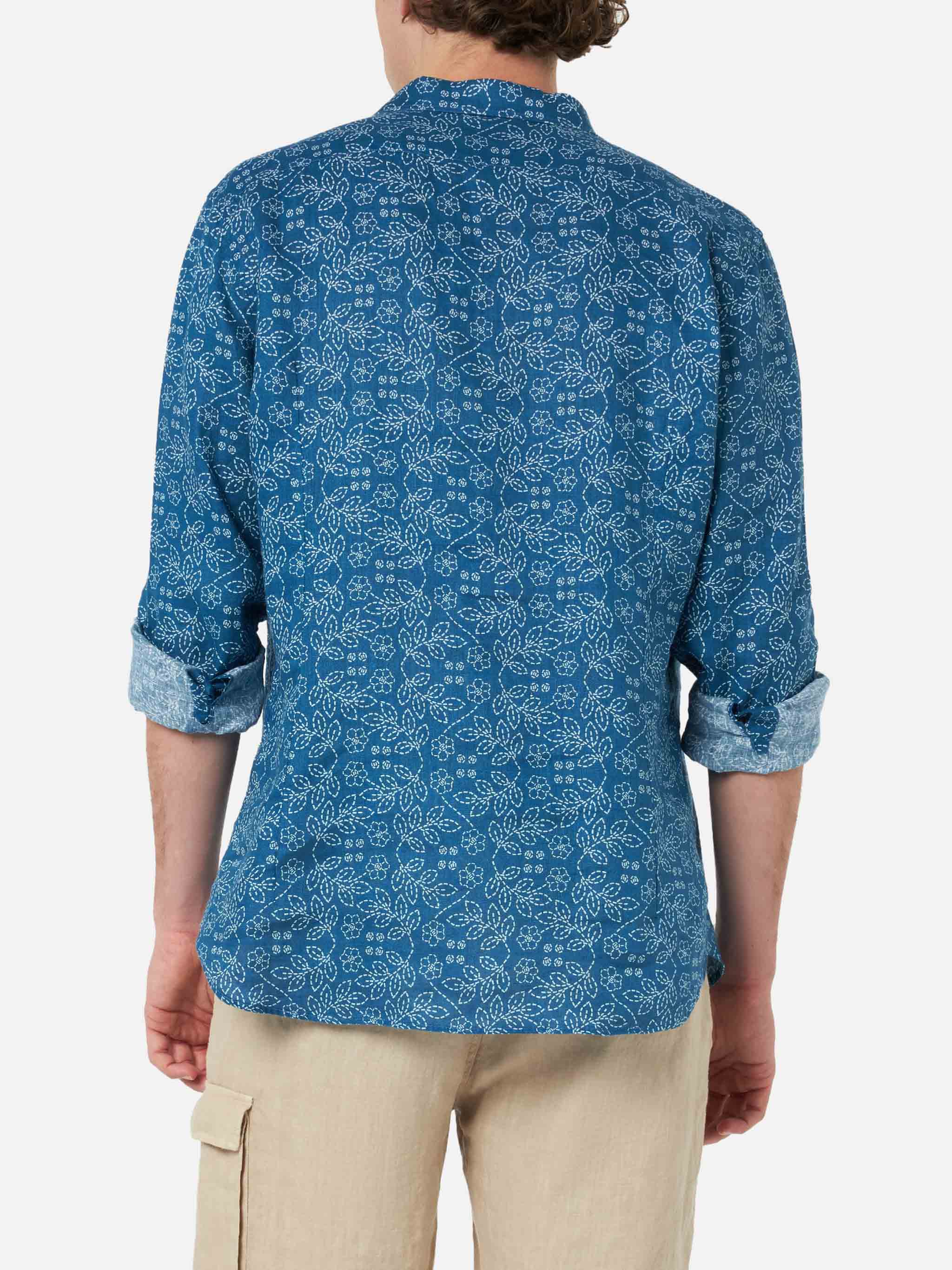 Navy Blue Linen Shirt Pamplona With Sashiko Print __single__