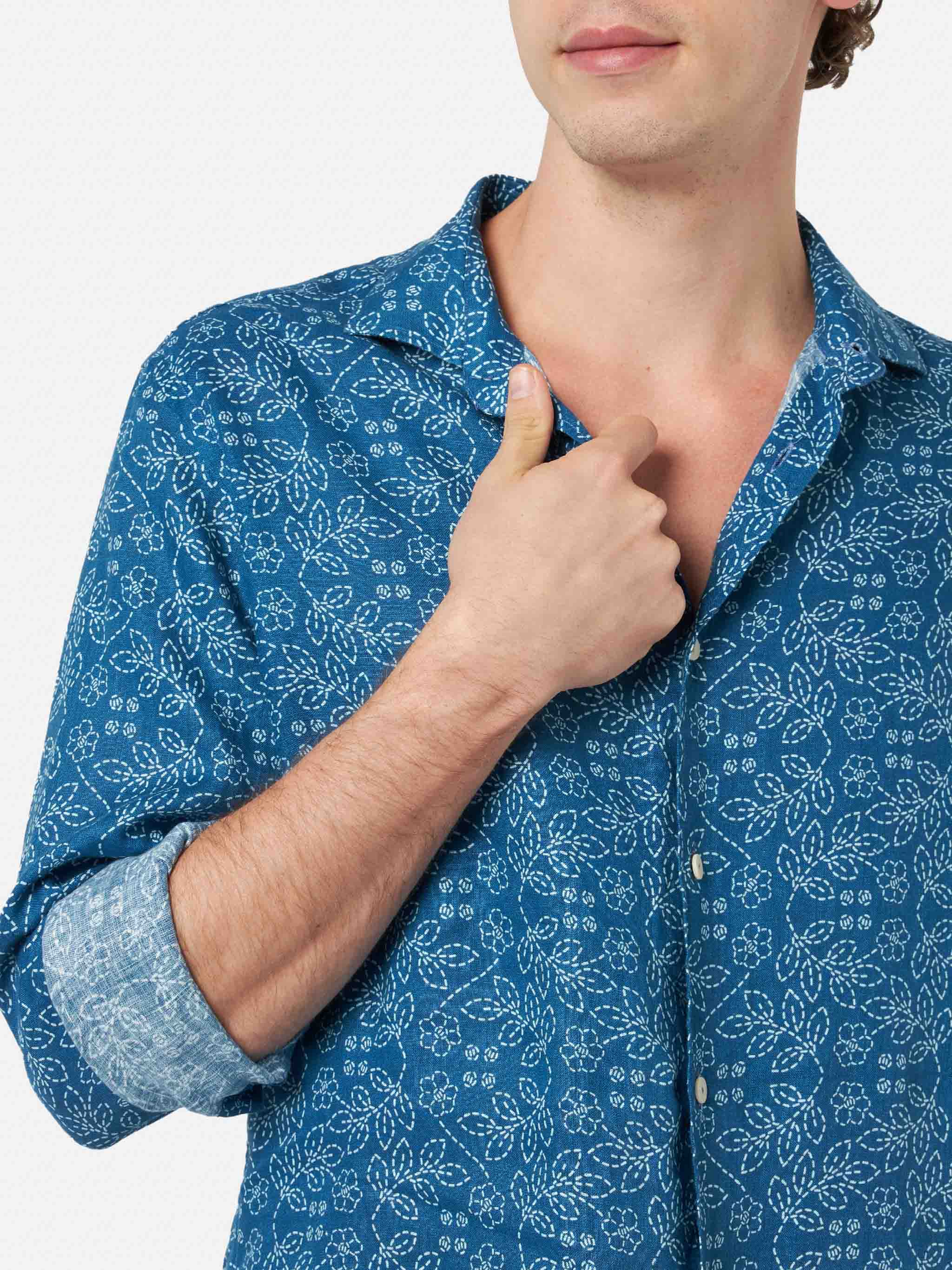 Navy Blue Linen Shirt Pamplona With Sashiko Print __single__