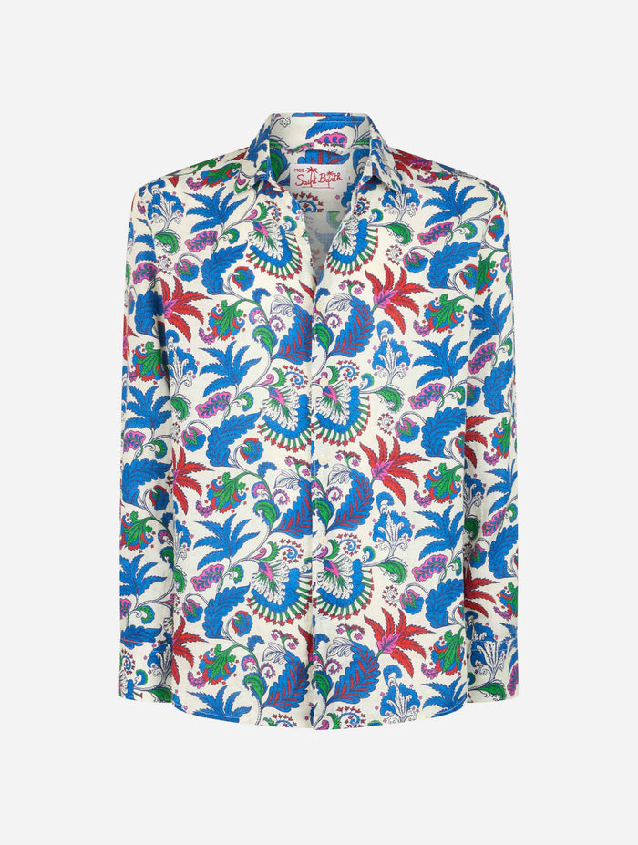 Nvy Blue Linen Shirt Pamplona With Flower Print