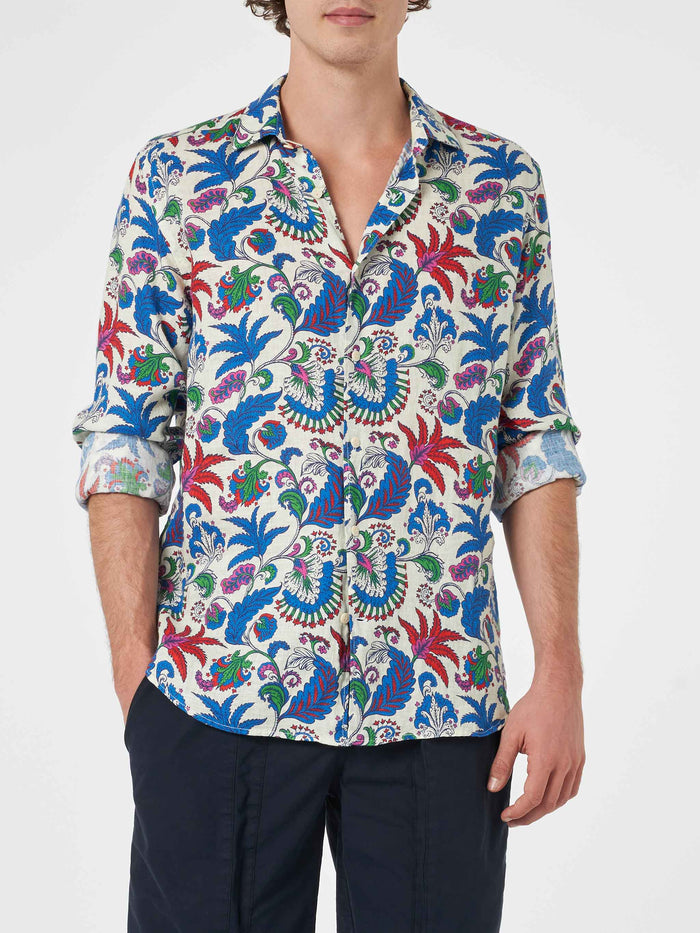Nvy Blue Linen Shirt Pamplona With Flower Print