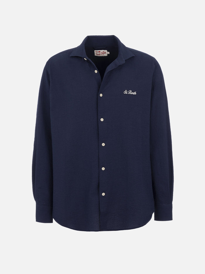 Pamplona Seersucker Shirt Blue With Embroidery