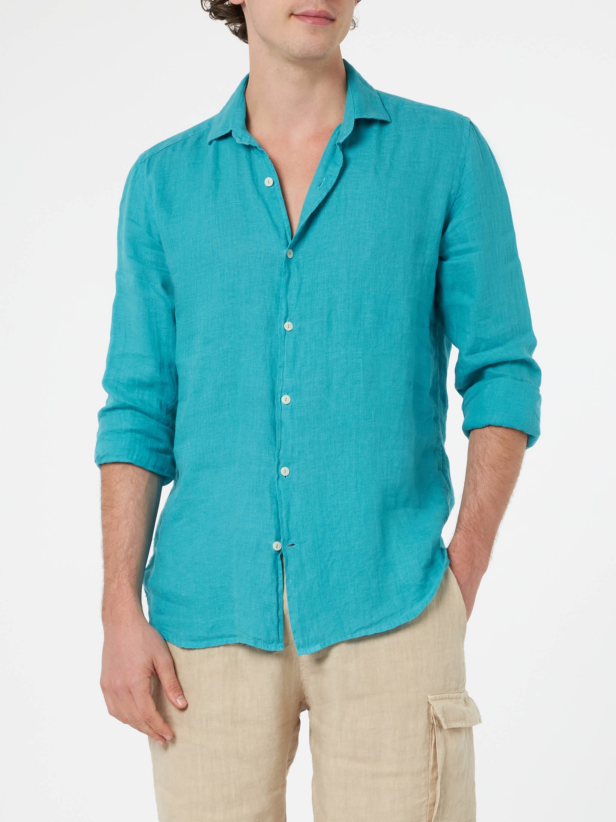 Man Teal Linen Shirt Pamplona Green