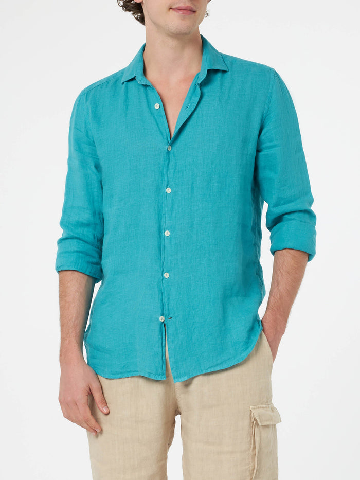 Man Teal Linen Shirt Pamplona Green