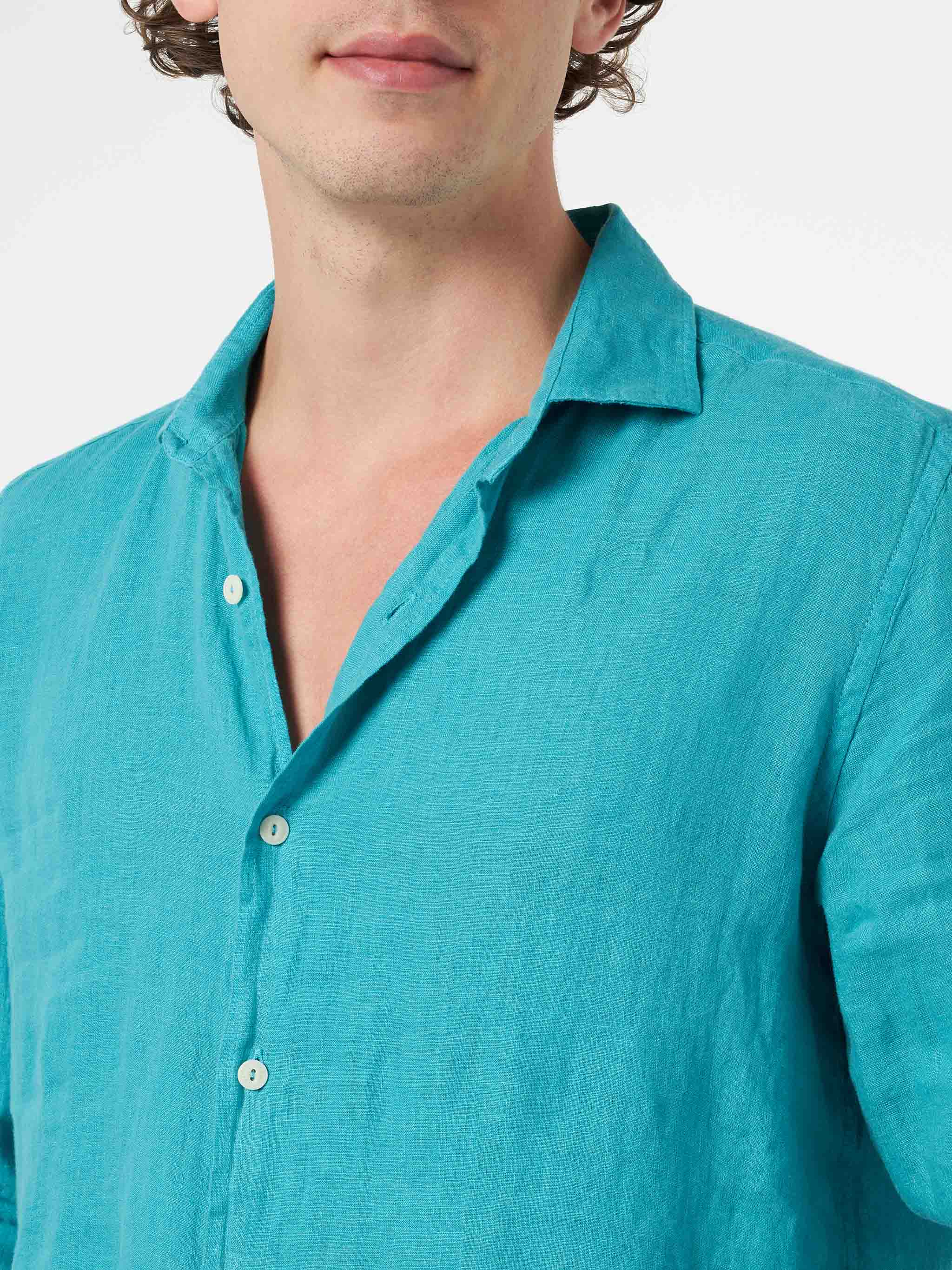 Man Teal Linen Shirt Pamplona Green