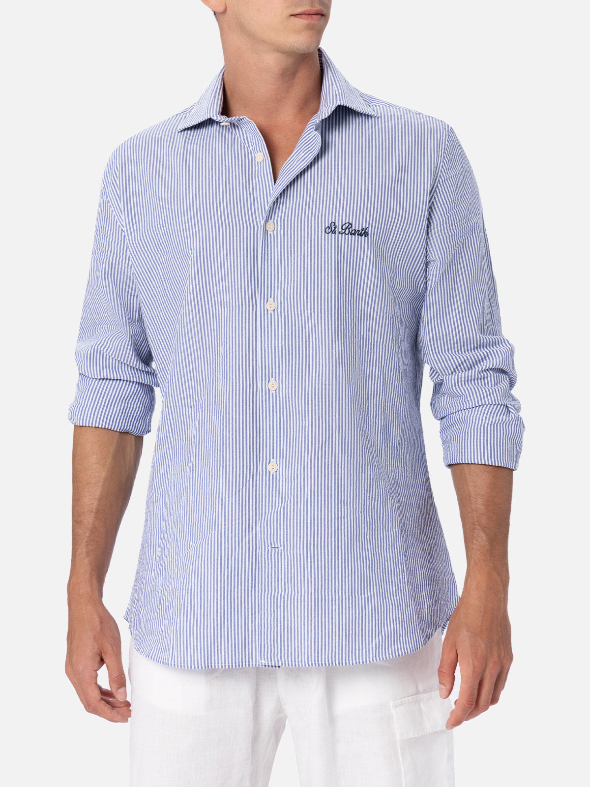 Man Seersucker Cotton Shirt Pamplona With Bluette Stripes Sky