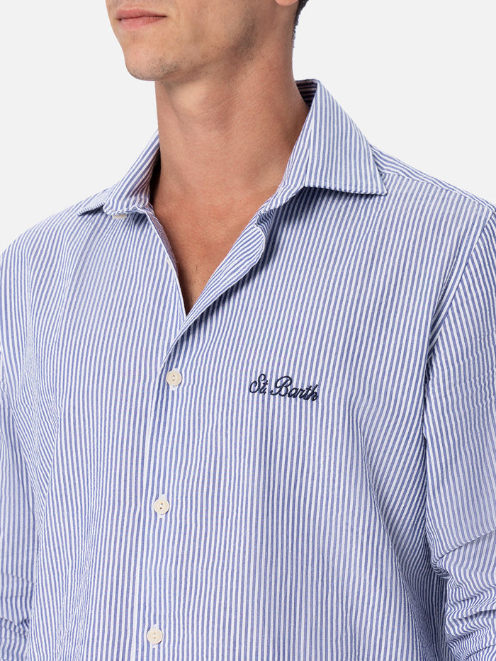 Man Seersucker Cotton Shirt Pamplona With Bluette Stripes Sky