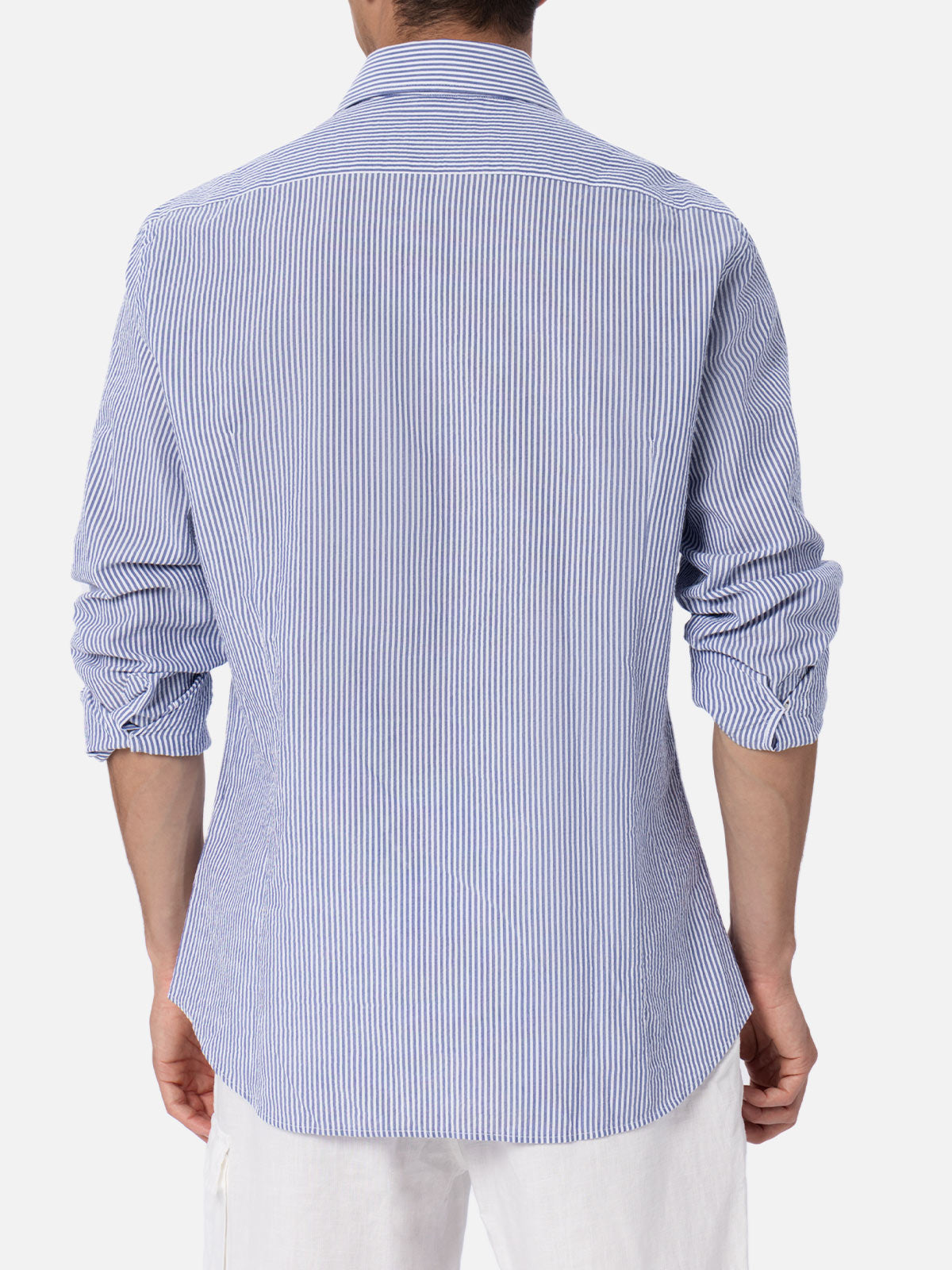 Man Seersucker Cotton Shirt Pamplona With Bluette Stripes Sky