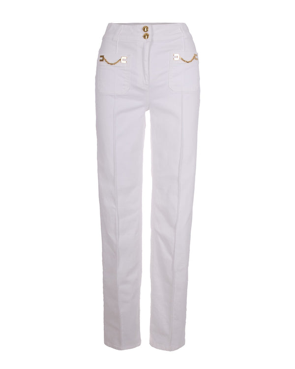 Jeans With Logo Detail Ivory Cotton Elastane Trousers