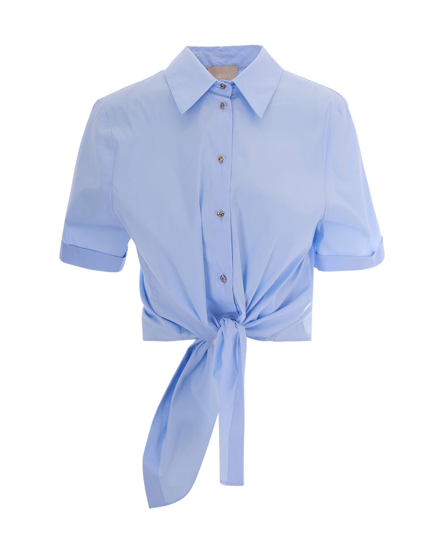 Shirt Knot-Front Sky Blue Cotton Polyamide Elastane