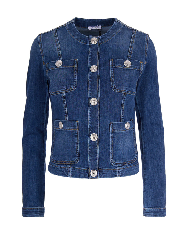 Denim Jacket Dark Blue With Logo Buttons Cotton