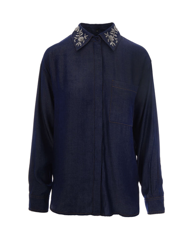Shirt With Removable Floral Collar, Chambray Blue Polyester
