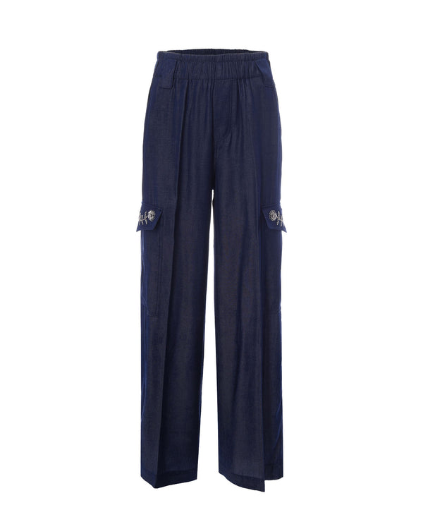 Cargo Trousers Tasconi Rhinestone Blue Polyester