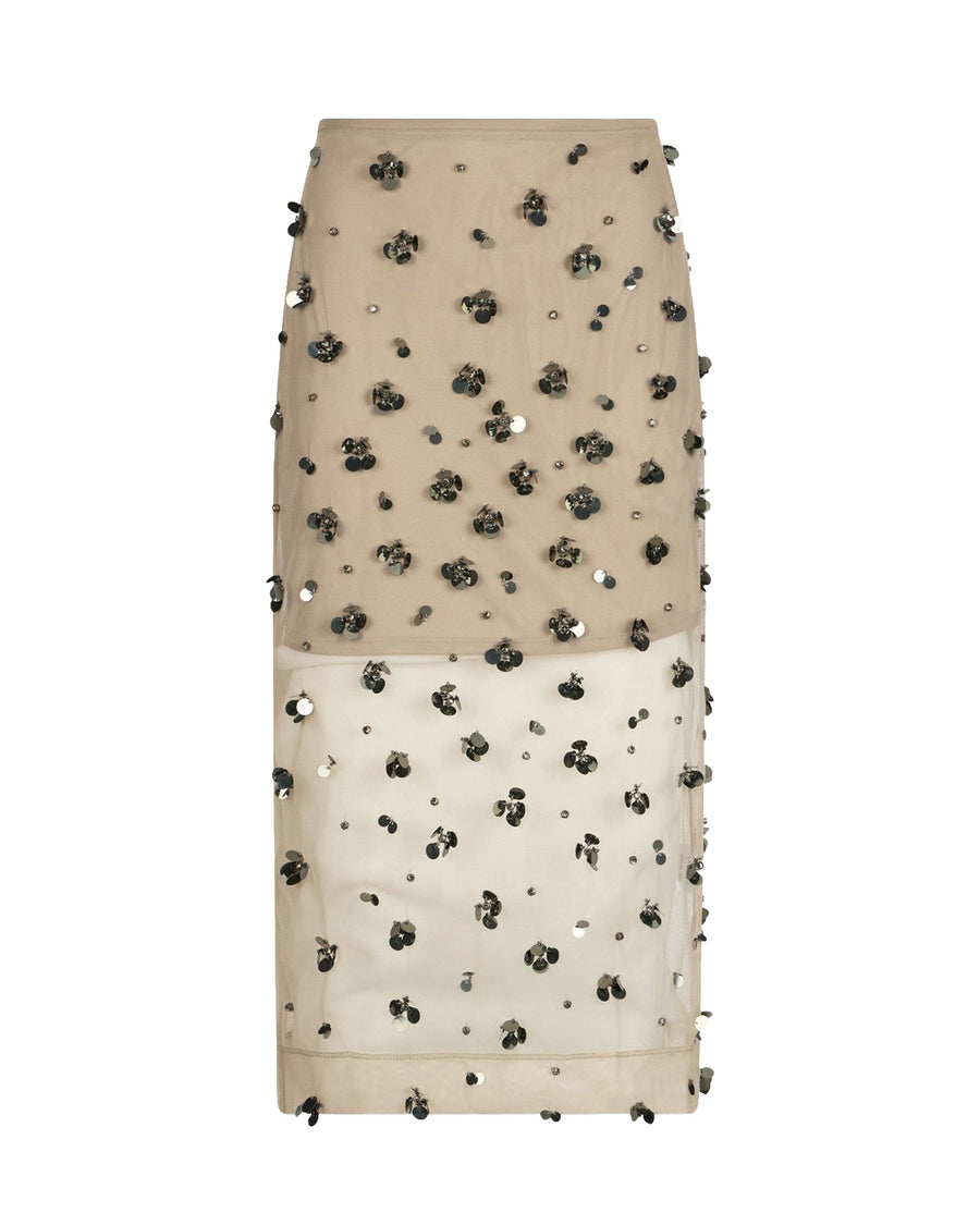 Skirt Tulle Midi Floral Embroidery Dark Olive Polyester