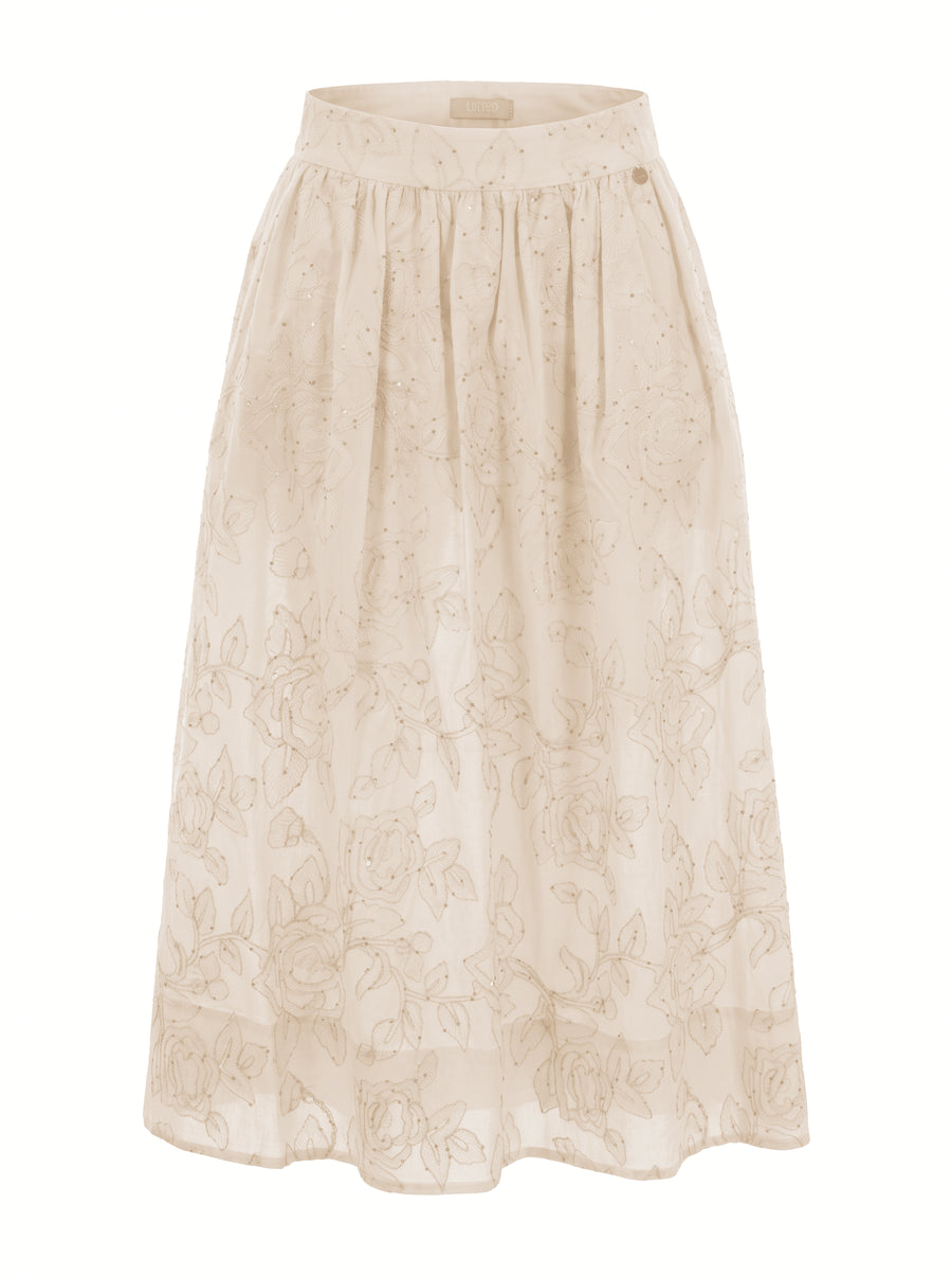 Midi Skirt With Floral Embroidery Beige Cotton