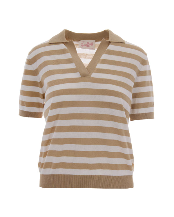 Polo Evonne Beige Striped Multicolour Cotton Tops