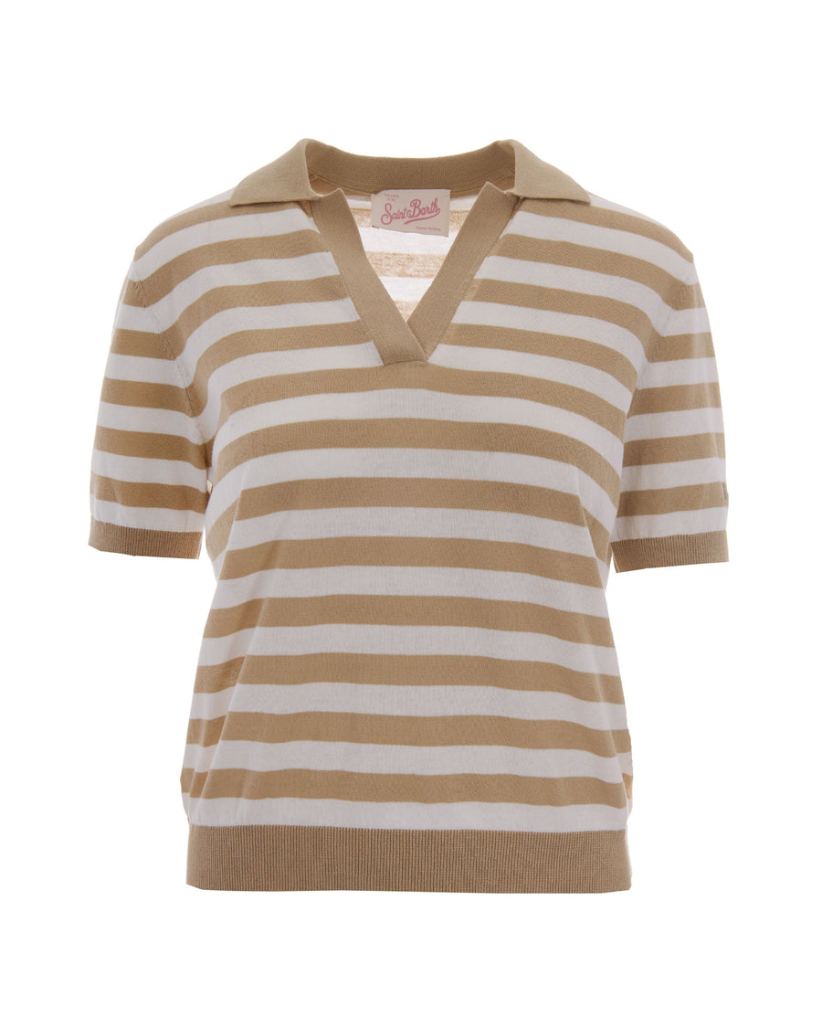 Polo Evonne Beige Striped Multicolour Cotton Tops