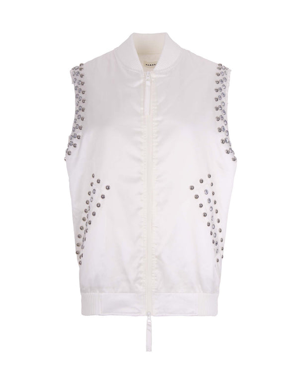 Sleeveless Bomber Gilet With Studs, Cream Polyamide Jacket