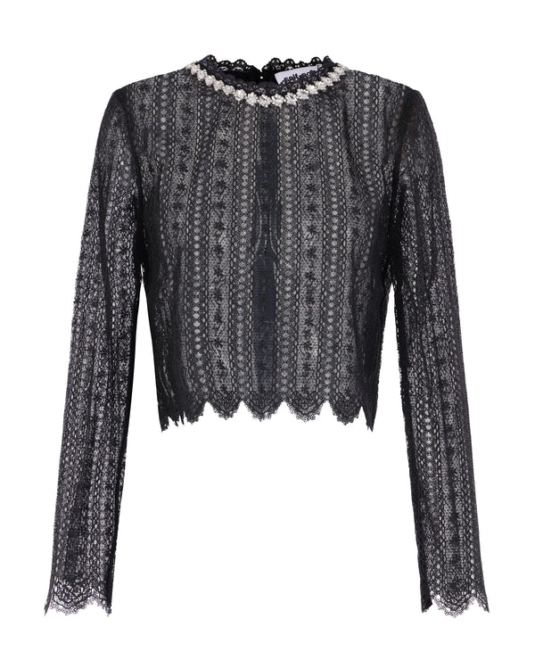 Top Black Lace With Crystals Polyester Tops